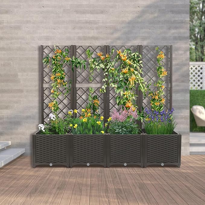 Planter Box with Trellis 4.6ft Tall Raised Garden Bed with 4 Box for Outdoor Vegetable Flowers &amp Climbing Plants Yard Balcony Decoration (Brown)