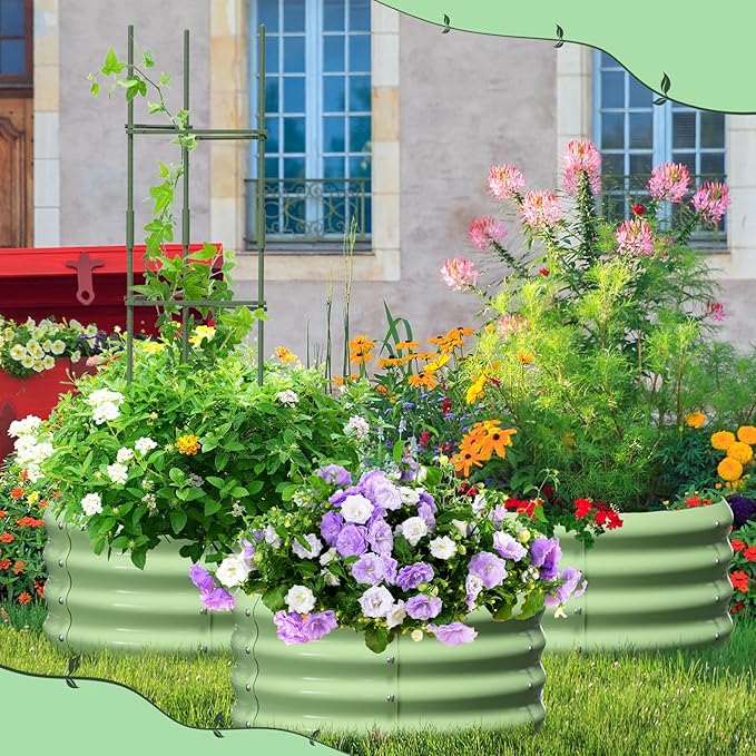 DoCred 3 Pack 2x2x1Ft Round Galvanized Raised Garden Bed Metal Garden Bed Outdoor with Tomato Cages for Gardening Above Ground Planter Box for Plants Vegetables Herbs Flowers Green