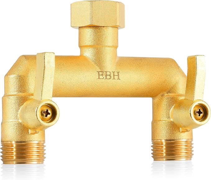 EBH Garden Hose Splitter Full Flow Outdoor Faucet Splitter 2-Way High Flow Brass Heavy Duty Hose Splitter with Long Metal Handle。