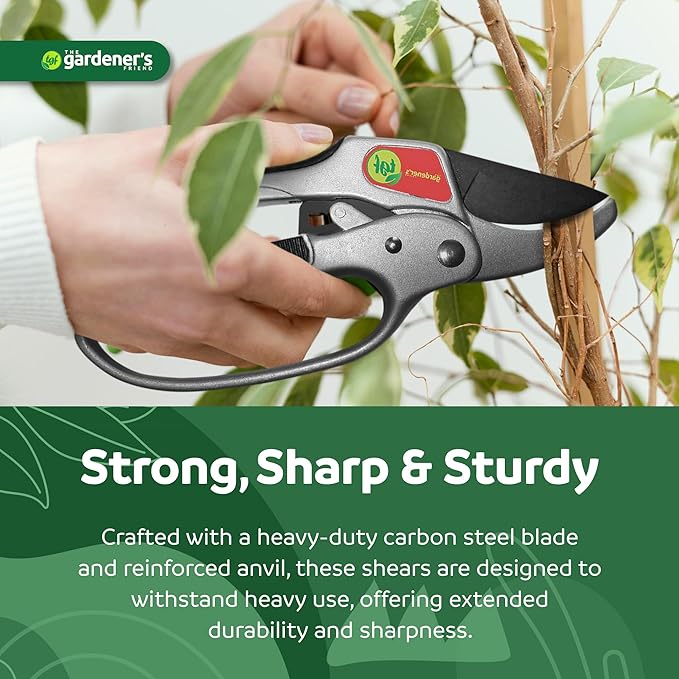 Ratchet Pruning Shears Gardening Tool – Anvil Pruner with Assisted Action – Ratcheting Pruners for with Heavy Duty Nonstick Steel Blade – Garden Tools by The Gardener's Friend