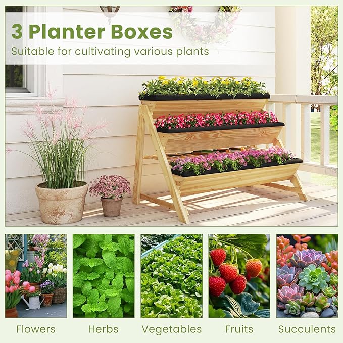 HAPPYGRILL 3-Tier Wooden Raised Garden Bed Elevated Planter Box Kit with Legs &amp Liners for Flower Herb Vegetable Indoor Outdoor Vertical Raised Bed for Gardening Patio Balcony Greenhouse