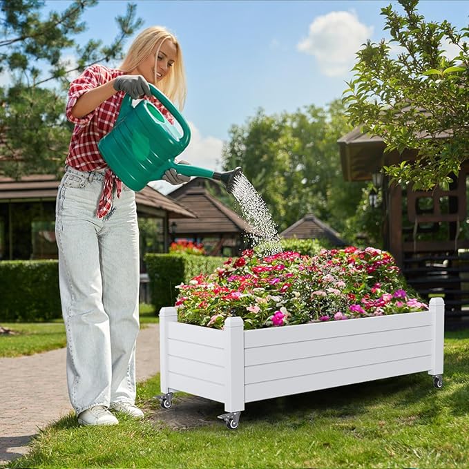 EasyUp Horticulture Garden Planter Box Divisible Resin Planter Box for Backyard Patio Balcony with 4 Legs and 4 Swivel Lockable Wheels(Ashen43.31 * 17.72 * 17.56)