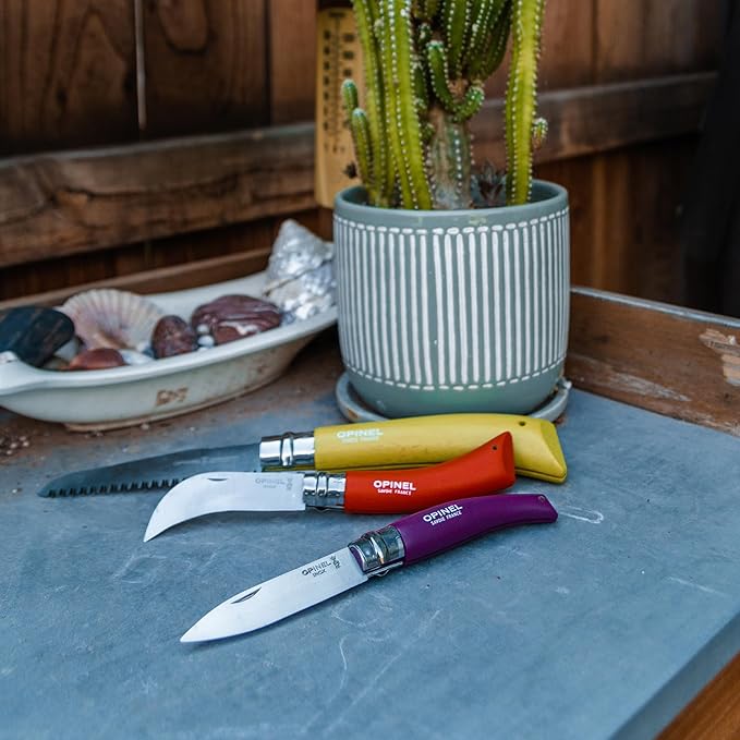 Opinel 3 Piece Gardening Tool Set - No. 12 Folding Saw No. 8 Pruning Knife No. 8 Garden Knife - Vibrant Painted Handles Stainless Steel and Carbon Steel Blades - Made in France