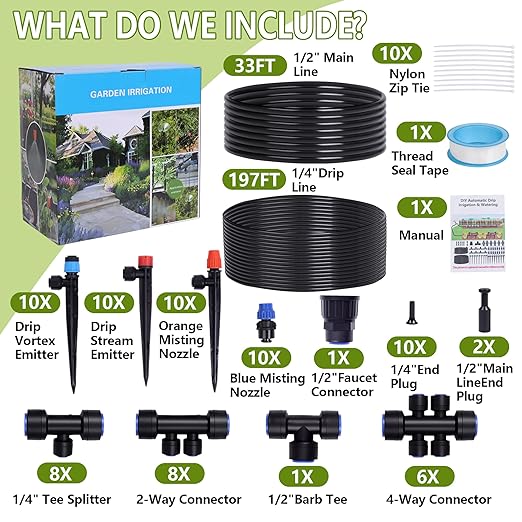 230FT Garden Irrigation System with 40 Nozzles &amp Emitters Automatic Watering System with 1/2 &amp 1/4 Tube and Barbed Fittings Garden Sprinkler for Raised Beds Greenhouse Lawn
