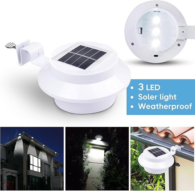 Yescom Solar Gutter Light Outdoor Waterproof 3 LED Deck Fence Lights with Bracket Wall Garden Stair Yard White 10Pcs