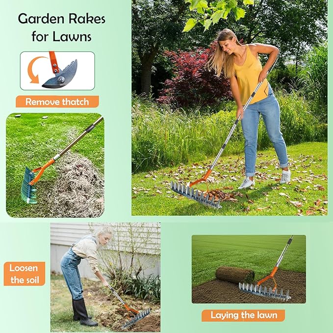 Garden Weed pullerTooHeavy Duty 12 Multi Flat ShovelScraper 14 Steel Thatch Rake with Adjustable Long Handle forLeaf &amp Moss&amp Edging &amp Ice &amp Snow Removal in Lawn DrivewaysPatios C