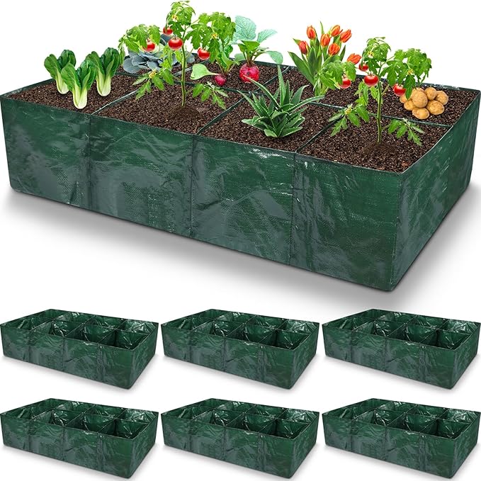 Woanger 6 Pcs 35 Gallon Plastic Raised Garden Bed 8 Divided Grids Planter Box with Drainage Holes PE Fabric Rectangle Raised Planting Bed for Vegetables Fruits Flowers Potato Outdoor Gardening