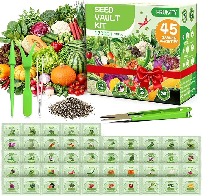 45 Vegetable Seeds Variety Pack - 17000+ Non-GMO Heirloom for Planting Garden Seed Packets Indoor &amp Outdoors Gardening -Seed Vault Kit Friend GiftTomato Cabbage Spinach Cucumber Lettuce