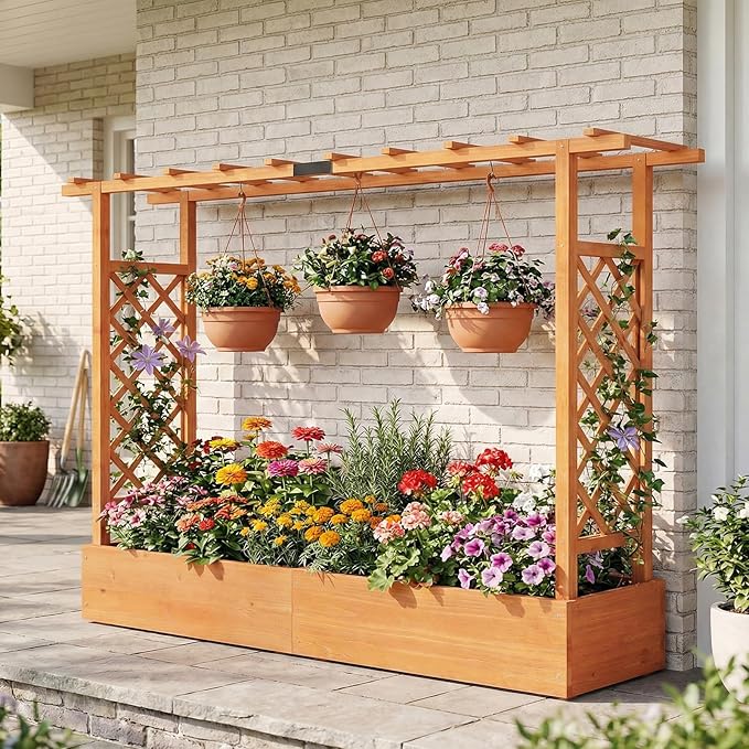 Giantex Wooden Raised Garden Bed with Trellis &amp Hanging Roof 2 Pack Fir Wood Planter Box 45” Freestanding Elevated Garden Bed for Outdoor Climbing Plants Vegetables Flowers Patio &amp Balcony