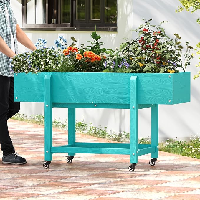 LUE BONA Raised Garden Bed with Wheels 48 * 16.7 * 28 in Poly Elevated Outdoor Planter Box with Tools Weather Resistant Standing Growing Bed Herb Planter for Vegetable Flowers Fruits