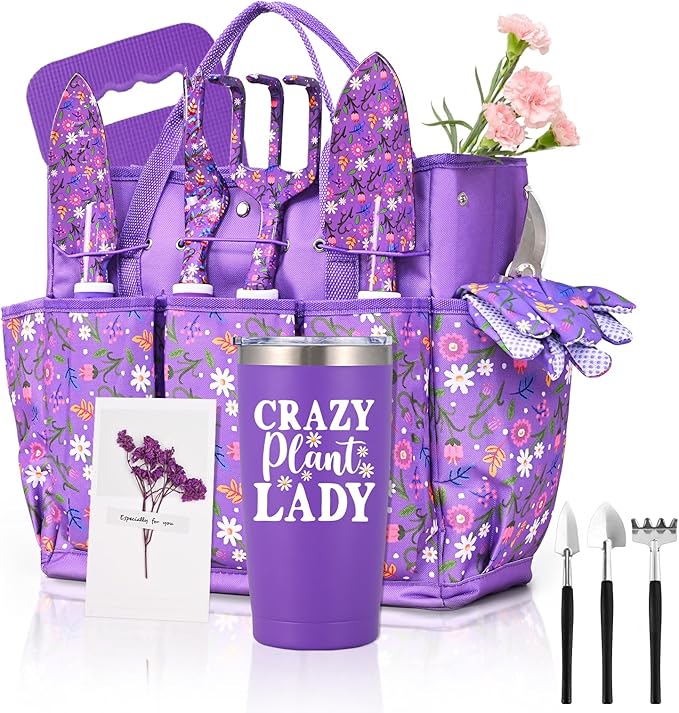 Lifecapido Gardening Gifts for Women Garden Tool Set 14 PCS Gardening Tools Set Kit with Tool Bag Plant Lover Birthday Christmas Mothers Day Garden Tools Gifts for Gardeners Women Mom (Purple)