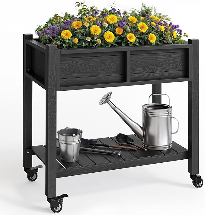 YITAHOME Raised Garden Bed HIPS Poly Wood Elevated Planter Box with Shelf &amp Wheels for Mobility Small Flower Box Stand for Patio Balcony Garden Backyard Black