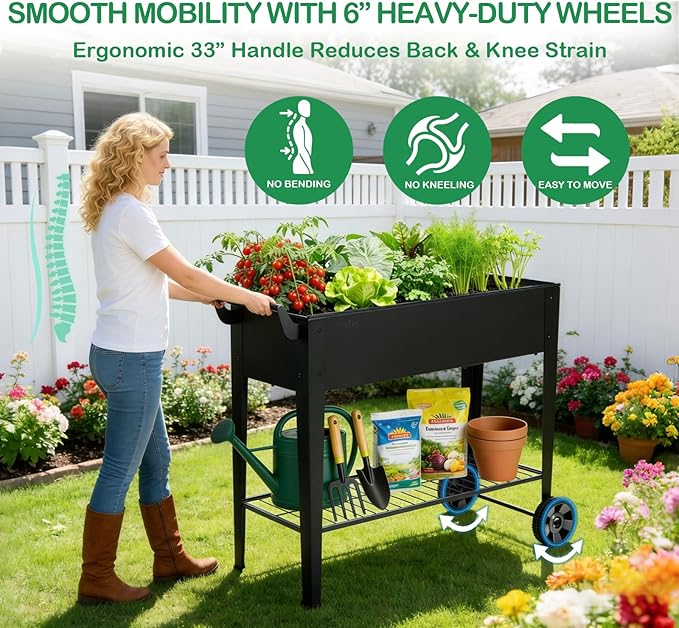 2-Pack 32”Height Elevated Raised Garden Bed with Wheels &amp Storage Shelf 400 Lbs Capacity Anti-Rust Space-Saving Planter for Vegetables Herbs Patio Balcony Backyard