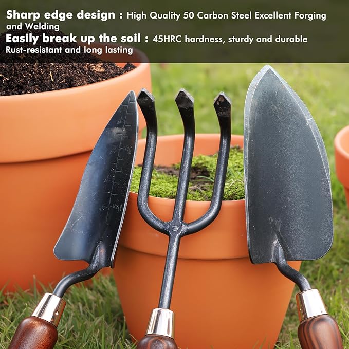 RESTMO 3-in-1 Heavy Duty Gardening Tools Kit Premium Carbon Steel Garden Hand Tools with Ergonomic Wooden Handle Includes Trowel Transplanter and Cultivator Ideal Gardening Gifts for Gardener