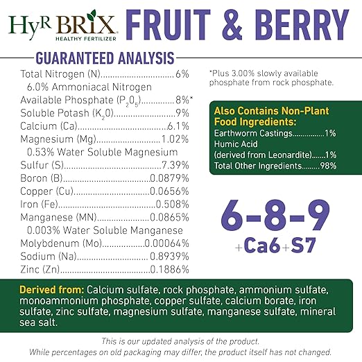 HyR BRIX Slow-Release 6-8-9 Fruit &amp Berry Fertilizer 45lb Bag - Plant Food with Calcium &amp Sulfur - Essential Micronutrients for Better-Tasting Fruit &amp Higher Yields