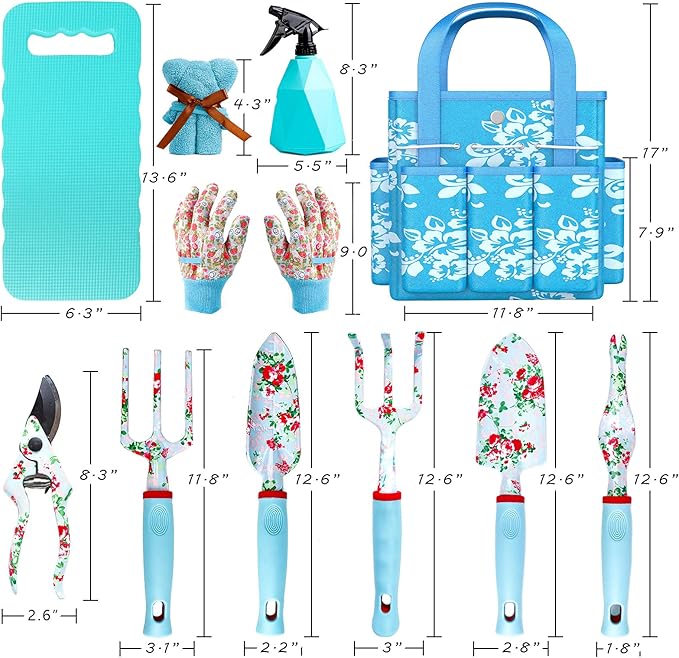JUMPHIGH Floral Garden Tools Set 11 PCS Heavy Duty Gardening Tools Includes Hand Trowel Rake Weeder Pruner Sprayer Gardening Gifts for Women Garden Kit with Storage Tote Bag and Garden Gloves