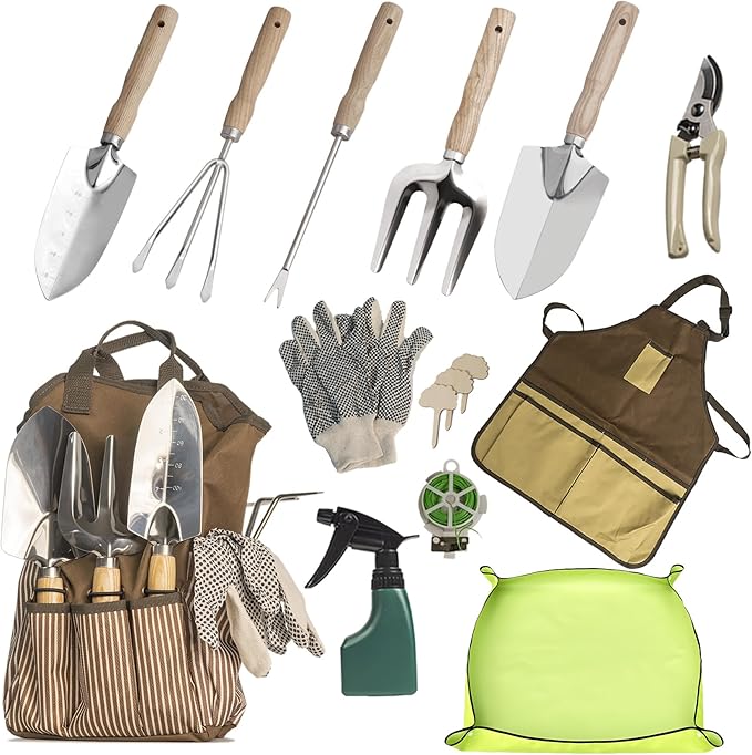 13-Piece Garden Tools Set with Tote Bag &amp Apron Repotting Mat - Stainless Steel Heavy Duty Planting Kit Ergonomic Non-Slip Handles - Gardening Gift for Women Mom Home Gardeners