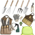 13-Piece Garden Tools Set with Tote Bag &amp Apron Repotting Mat - Stainless Steel Heavy Duty Planting Kit Ergonomic Non-Slip Handles - Gardening Gift for Women Mom Home Gardeners