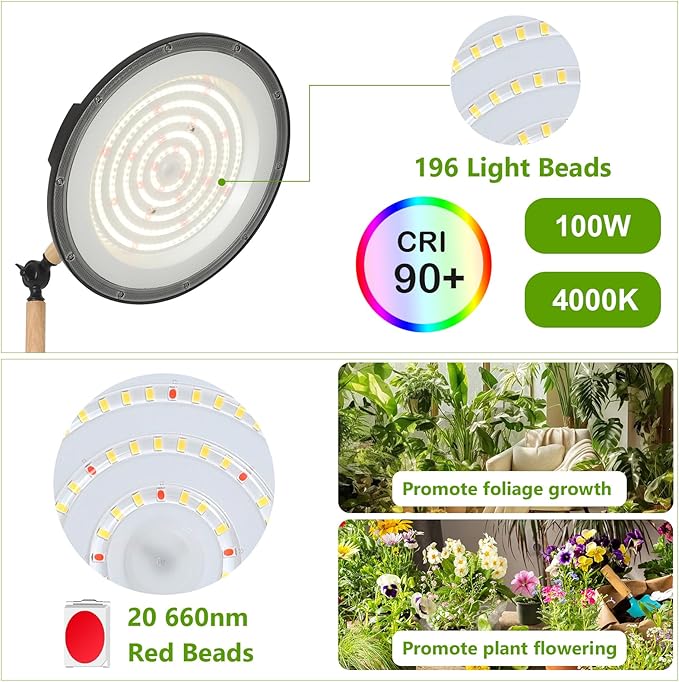 HMVPL 100W Grow Lights for Indoor Plants Full Spectrum Plant Lights for Indoor Growing with 216 Light Beads Timer Remote Control Dimmable Standing Growth Lamp for Large Many Plants(5 Level Height)