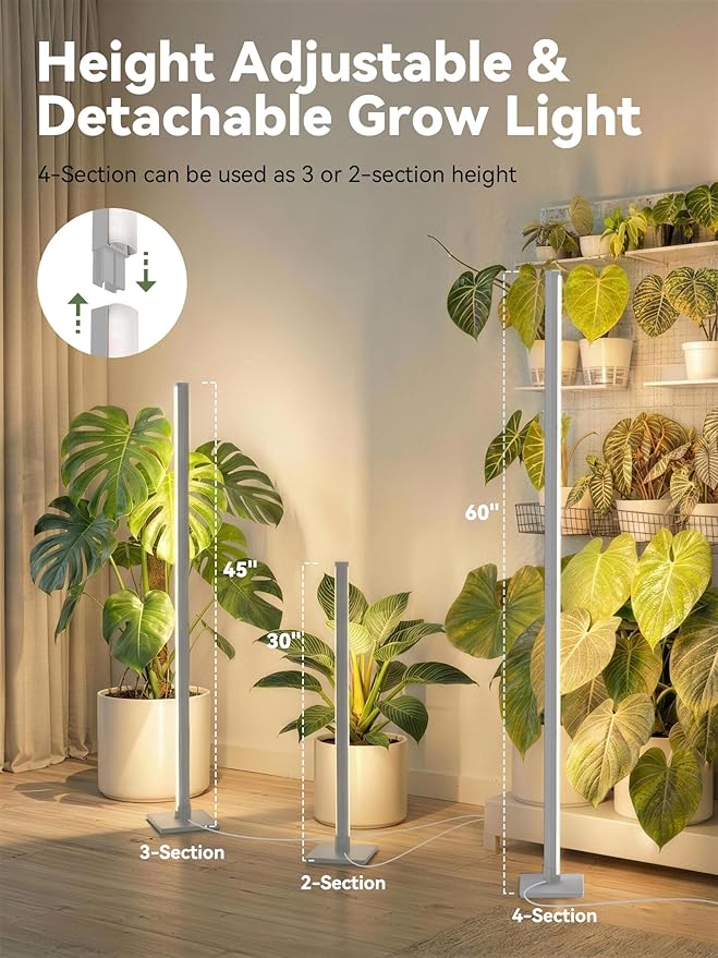 GLOWRIUM Grow Lights for Indoor Plants 36W Vertical Plant Grow Lights with Auto-Timer Full Spectrum LED Standing Plant Grow Light 3 Light Modes 6-Level Dimmable (60 in(Silver))