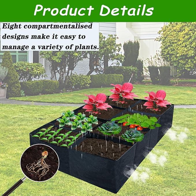 2 Pack Fabric Raised Garden Beds128 Gallon 8 Grids Thickened Rectangle Plant Grow BagsReusable Outdoor Gardening Planting Container Planter Pot for Growing Herbs Flower Gardening Vegetables Chillies