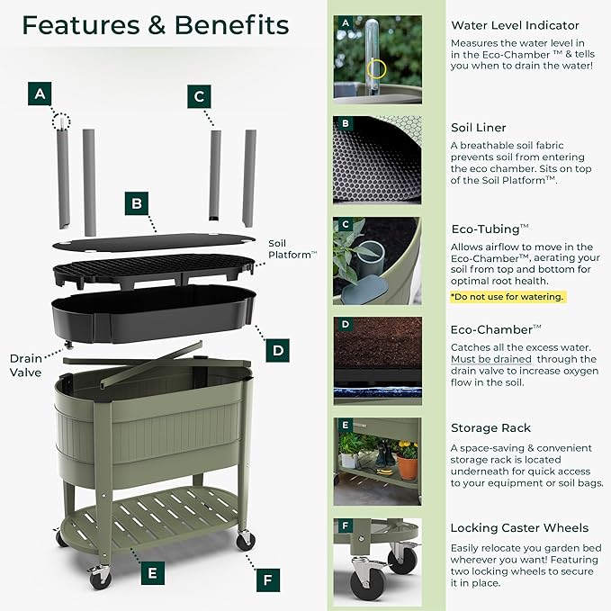 Permasteel Raised Garden Bed with Legs Planter Box with EnGrow™ TrueSoil™ Technology for Vegetables Flowers Herbs and Fruit Outdoor Indoor Storage Shelf Caster Wheels Green