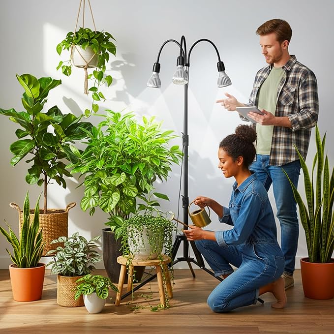 SANSI Grow Lights for Indoor Plants 96W Full Spectrum Grow Light No Dimmable 35-64 inches Detachable Tripod Standing Grow Lights High PPFD 3 Pack of Par25 32W Bulb Plant Lights for Indoor Growing