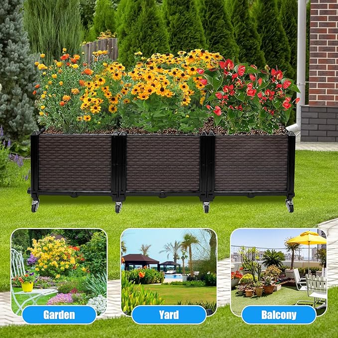 Raised Plant Box with Wheels 47.2x15.7x16.1 Raised Beds for Gardening Self Watering Durable Metal Lockable Casters Rectangular Garden Planter Perfect for Garden Patio Balcony Deck