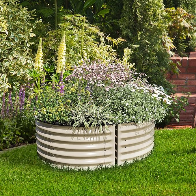 Aoodor 42 L x 24 W x 17 H Half Moon Galvanized Raised Garden Bed Durable Semi-Circular Outdoor Planter Boxes for Vegetables Flowers and Herbs Set of 2 Beige