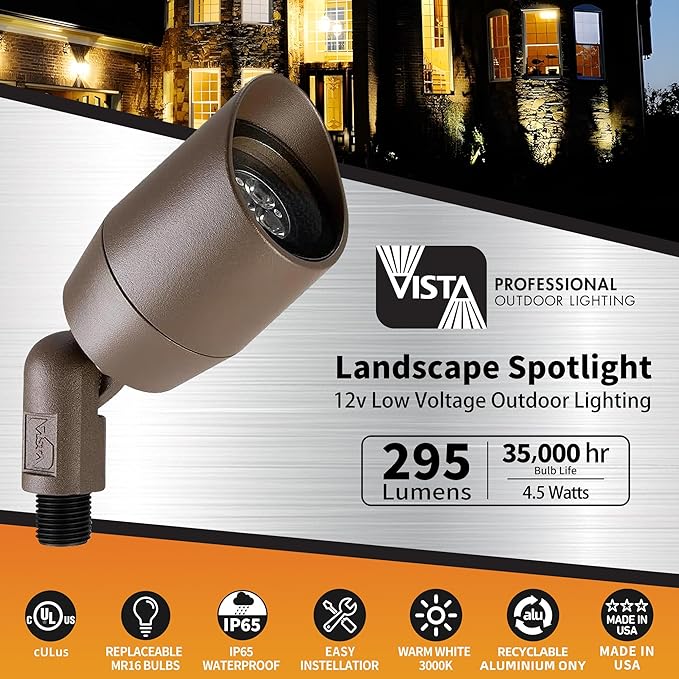 VISTA 4 Pack Cast Aluminum Landscape Spotlights Low Voltage Landscape Lighting 100FT 14/2 Landscape Wire Spot Lights Outdoor with 4.5W MR16 LED Bulb for Yard Garden Lawn Tree (Bronze)