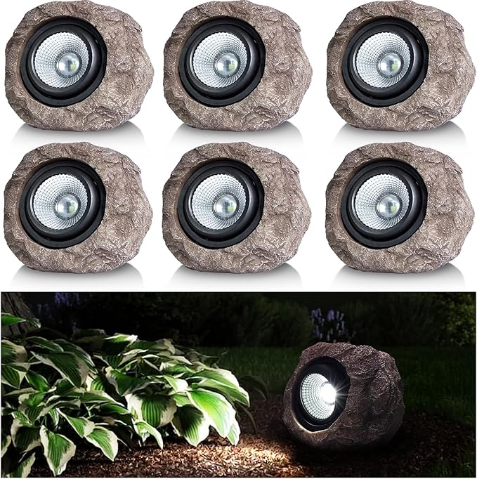 Solar Rock Lights - 6 Pack Waterproof LED Simulated Rock Statue Light for Paths Sidewalks Patio and Landscaping Outdoor Pond Decorative Lighting Garden Plant Spotlights