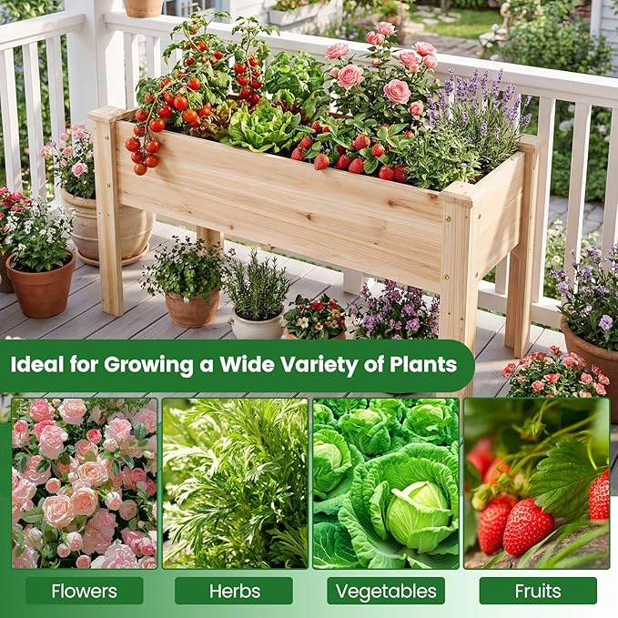 S AFSTAR 2 Pieces Wooden Raised Garden Bed with Legs Heavy-Duty Elevated Planter Box with Drainage Holes Fir Wood Garden Box Outdoor for Vegetable Flower &amp Herb Easy-Assembly