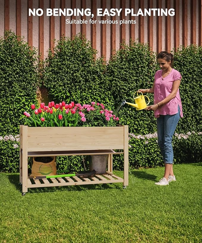 Wooden Raised Garden Bed with Legs – Includes Bed Liner and Bottom Shelf Ideal for Growing Flowers Vegetables and Herbs on Patio Deck Balcony or Backyard Natural Finish 48x24x32