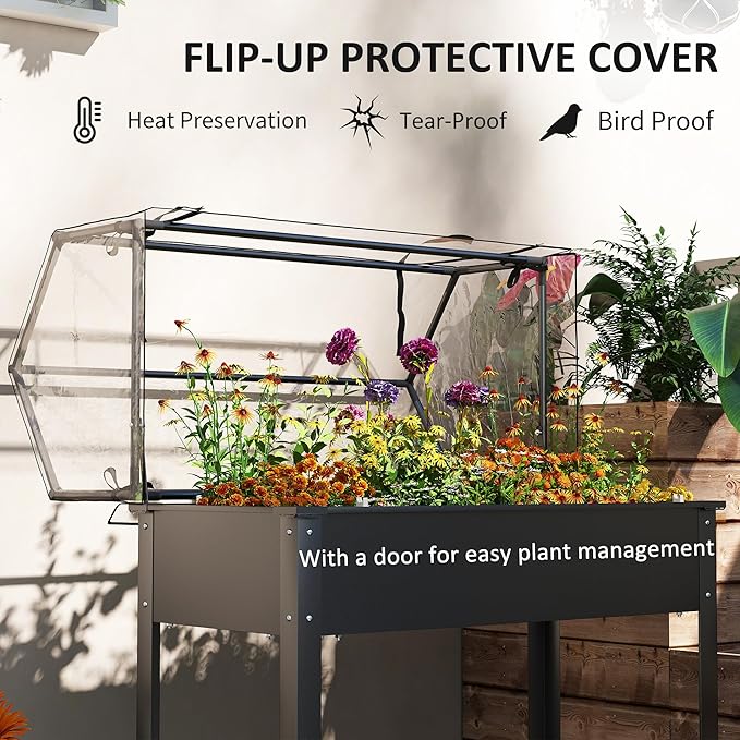 Outsunny Raised Garden Bed with Flip-Up Greenhouse Cover Elevated Planter Box with Legs and Drainage Hole for Vegetables Flowers Herbs 39.4 x 18.9 x 48.8 Black