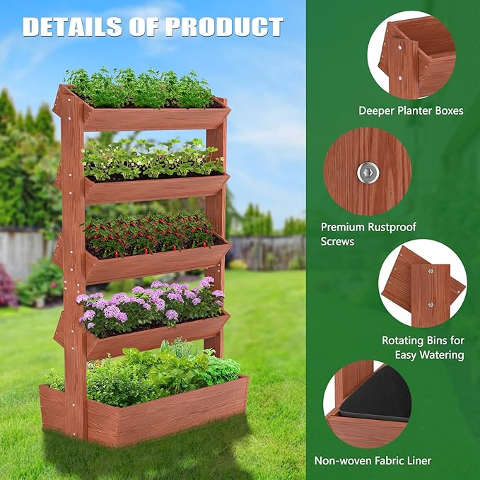 Wooden Vertical Raised Garden Bed 5 Tier Garden Planters Raised Beds Freestanding Plant Stand Flower Rack Wooden Planter Box for Plants Herbs Flowers Vegetables Outdoor Indoor Gardening