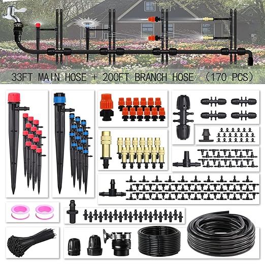 Drip Irrigation Kit MUCIAKIE 233FT Irrigation System Automatic Patio Misting Plant Garden Watering System with 1/4 inch 1/2 inch Black Distribution Tubing Hose Adjustable Nozzle Emitters Sprinkler