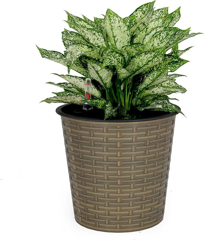 10.2 Self Watering Wicker Decor Planter for Indoor and Outdoor Round Natural