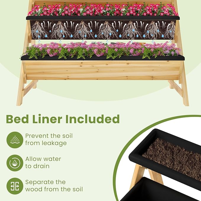 HAPPYGRILL 3-Tier Wooden Raised Garden Bed Elevated Planter Box Kit with Legs &amp Liners for Flower Herb Vegetable Indoor Outdoor Vertical Raised Bed for Gardening Patio Balcony Greenhouse