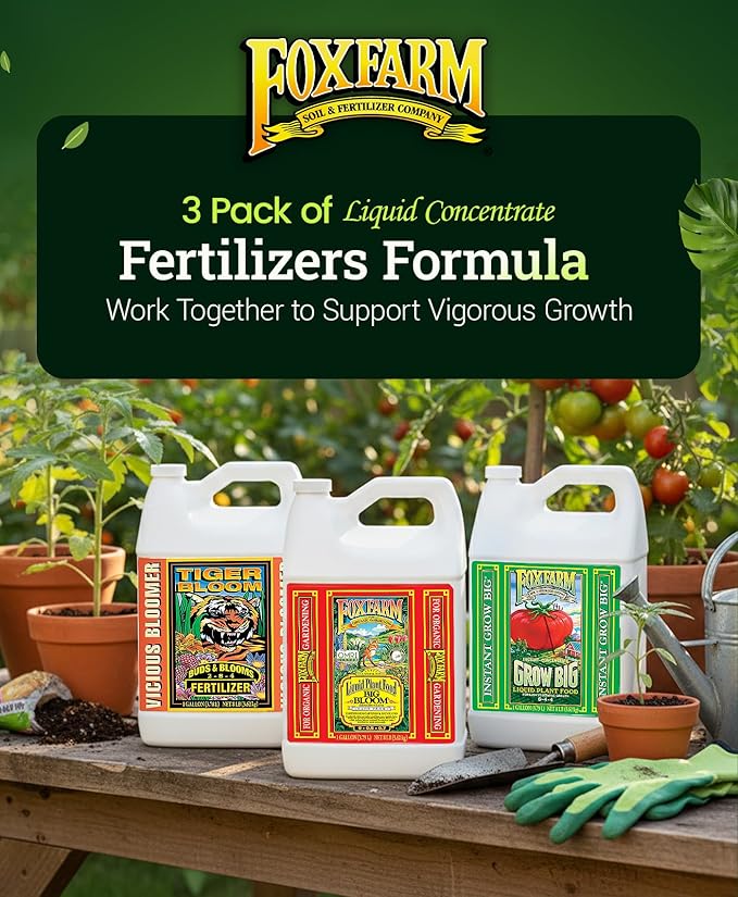 FoxFarm Soil Liquid Trio Pack - Big Bloom Grow Big Tiger Bloom Fertilizers for Vigorous Plant Growth Bud Development &amp Abundant Fruit - Complete Liquid Plant Food Set - 3 Gallon Bottles