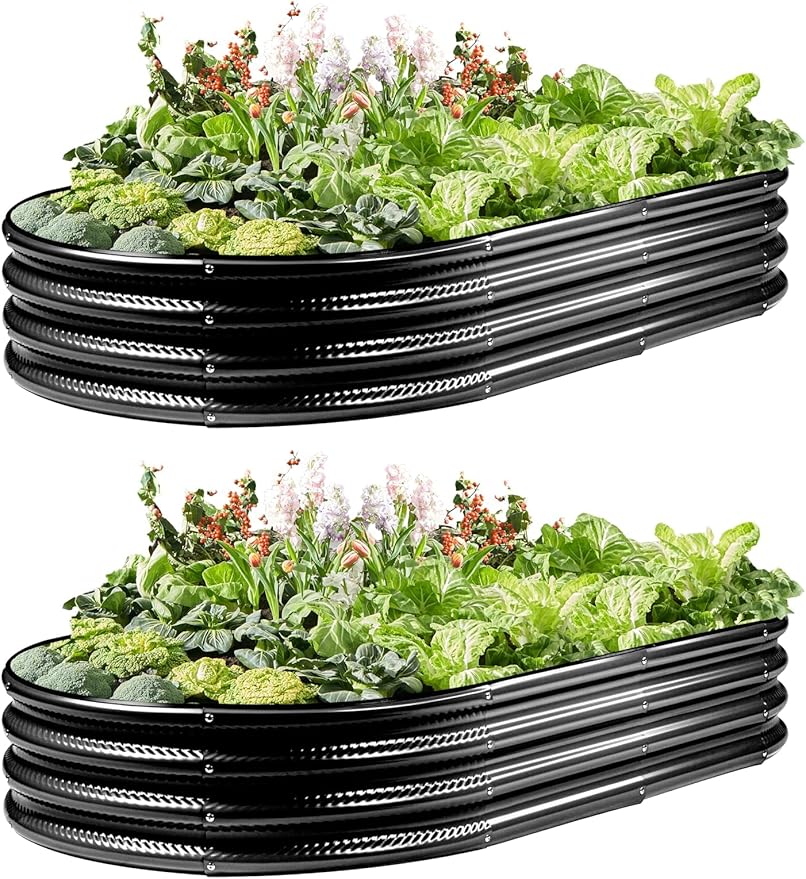 2 Pack Raised Garden Bed Kits 4×2×1 FT Black Oval Galvanized Outdoor Planter Beds Easy Assembly Metal Raised Bed for Vegetables Flowers &amp Herbs