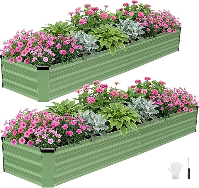 INNO STAGE Galvanized Raised Garden Bed Kits 8x2x1ft Metal Raised Garden Beds Outdoor Large Steel Raised Planter Bed with Gloves for Vegetables &amp Flowers Patio Ground Planter Box(Olive Green 2P