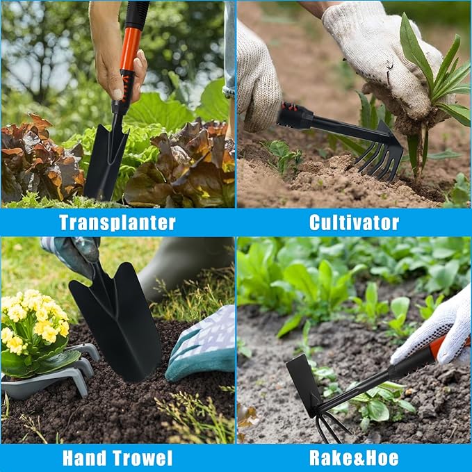 Luwint Gardening Tools Kit Pack of 4 Garden Tool Set with Non-Slip Handle Sturdy Classic Utility Tool Heavy Duty Steel Garden Tools with Long Ergonomic Handle for Maintaining Lawn Garden Vege