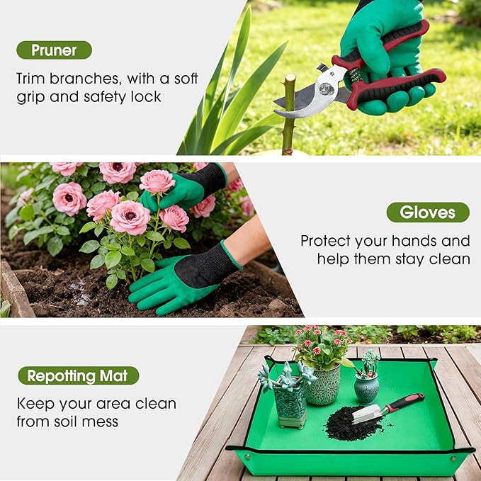 WOWBOX Garden Tools Set - 10 PCS Heavy Duty Gardening Hand Tools Kit with Storage Tote Rust-Resistant Gardening Supplies for Planting with Non-Slip Ergonomic Handle for Women and Men (Red)