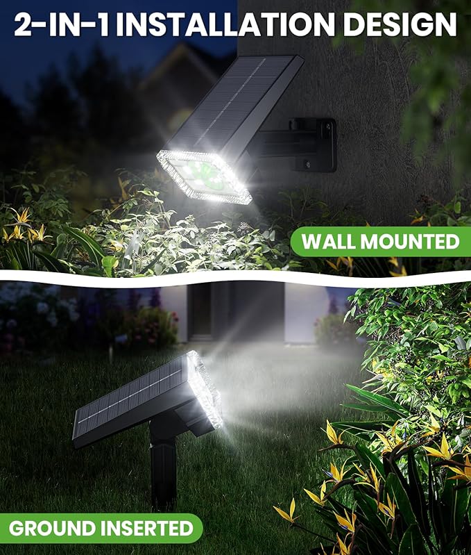 Bright Solar Spot Lights Outdoor [58 LED/12000K/3 Modes] Solar Lights Outdoor Waterproof IP67 Auto On/Off 2-in-1 Wall Light Flood Light for Tree Yard Garden Pathway 2 Pack