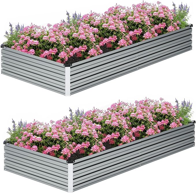 8×2×1FT(2PCS) Galvanized Raised Garden Bed Kit Metal Planter BoxesLarge Outdoor Planters Garden for Planting VegetablesFlowersHerbs -Silver
