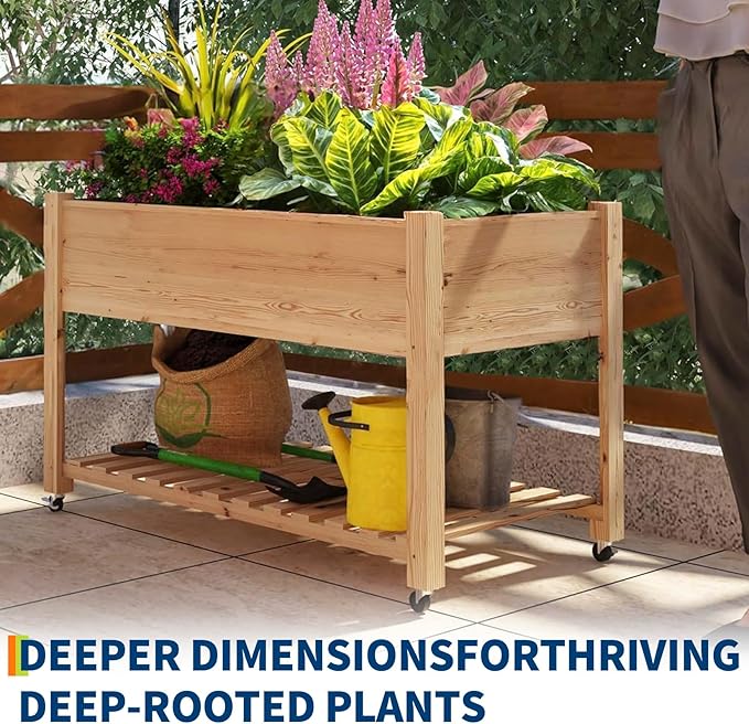 IDEALHOUSE Raised Garden Bed with Wheels 48x24x32in Wooden Elevated Planter Box for Vegetables &amp Herbs Mobile Outdoor Garden Bed with Liner &amp Storage Shelf for Patio Balcony Backyard Natu