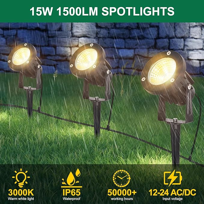 15W Low Voltage Landscape Lights LED Landscape Lighting with Connectors and Spike Stand 12V 24V Outdoor Spotlights Yard Garden Pathway Lights 1500LM Waterproof Warm White Light (16Pack)
