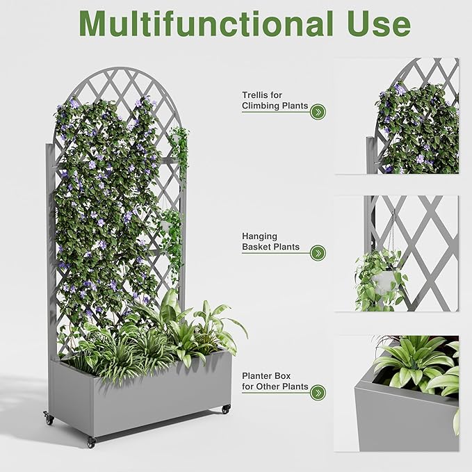 Casaphoria Metal Raised Garden Bed with Trellis and Wheels 72x35x16 Arched Planter Box for Climbing Plants Vegetables &amp Vines Features Drainage Holes and Privacy Screen (Grey-Laurence)