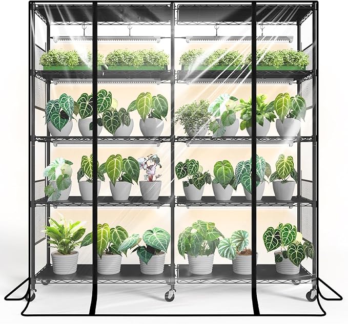 Bstrip Indoor Greenhouse with Grow Light Large Plant Shelf with 8 Pack T8 Full Spectrum Plant Lights and Cover mini Greenhouse for Indoor Plant Seed Starting (58 L x 13.8 W x 59 H)