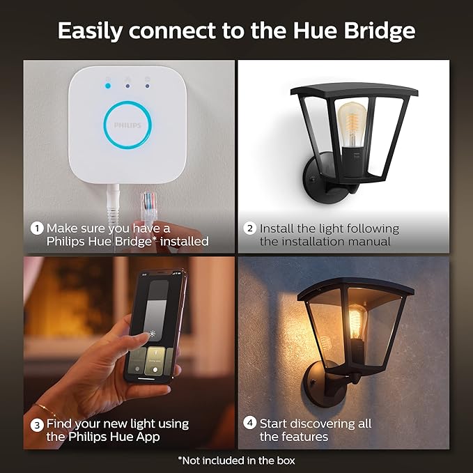Philips Hue Inara Outdoor Smart Wall Light Black - E26 White Filament LED Bulb - 1 Pack - Requires Hue Bridge - Control with Hue App and Voice - Weatherproof